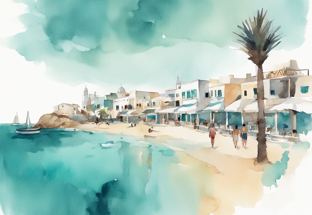 Minimalistisk akvarellillustration av Nissi Beach, Ayia Napa Monastery och nattliv i Ayia Napa, med tealfärgat tema.