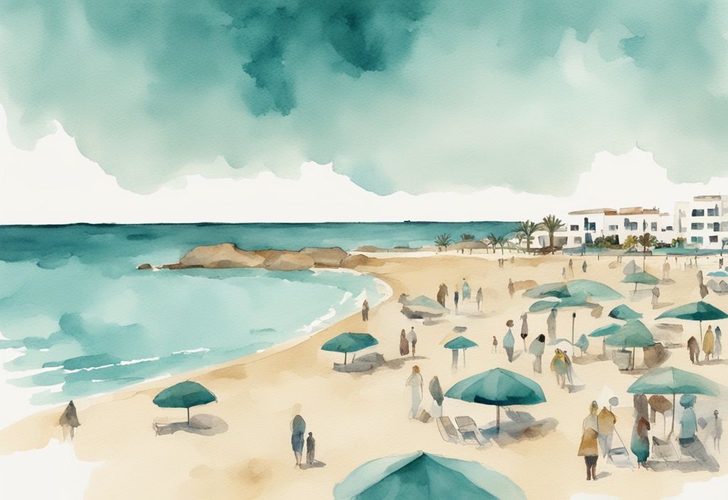 Minimalistisk akvarellillustration av en solig men något molnig dag i Ayia Napa i december, med människor som njuter av det milda vädret på stranden, huvudfärgen är teal.