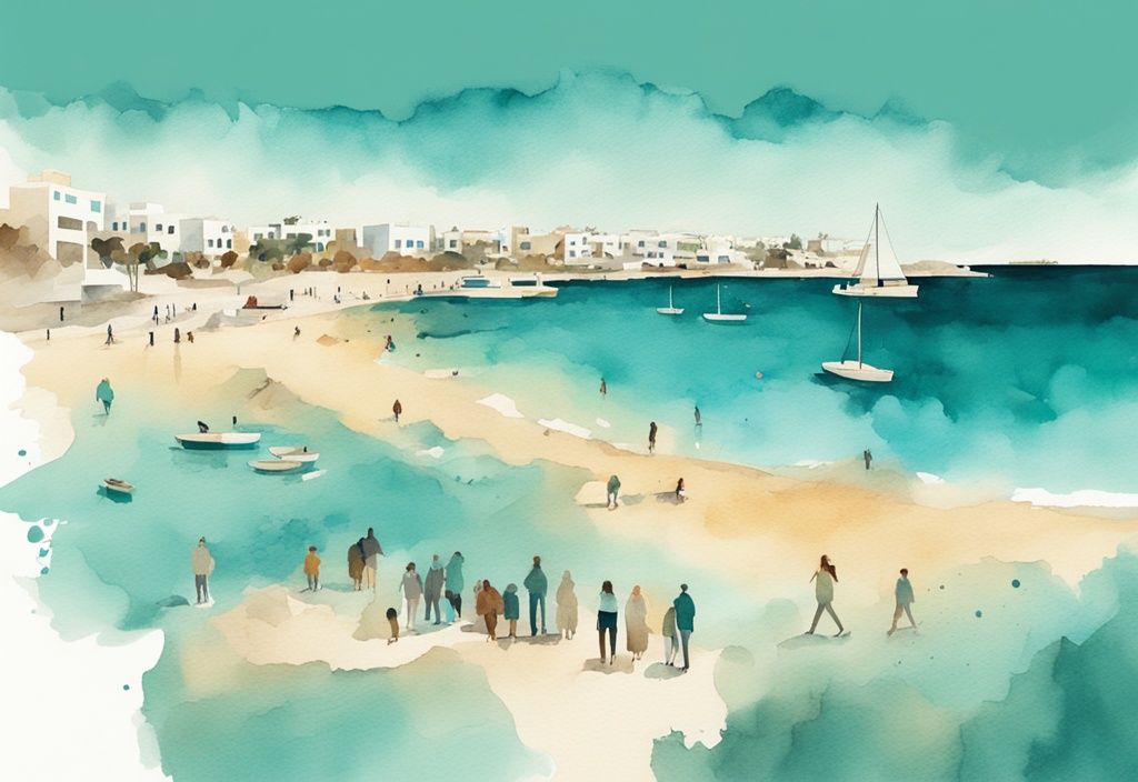 Minimalistisk akvarellillustration av Ayia Napas kustlinje med turister i det milda höstljuset, ayia napa väder november.