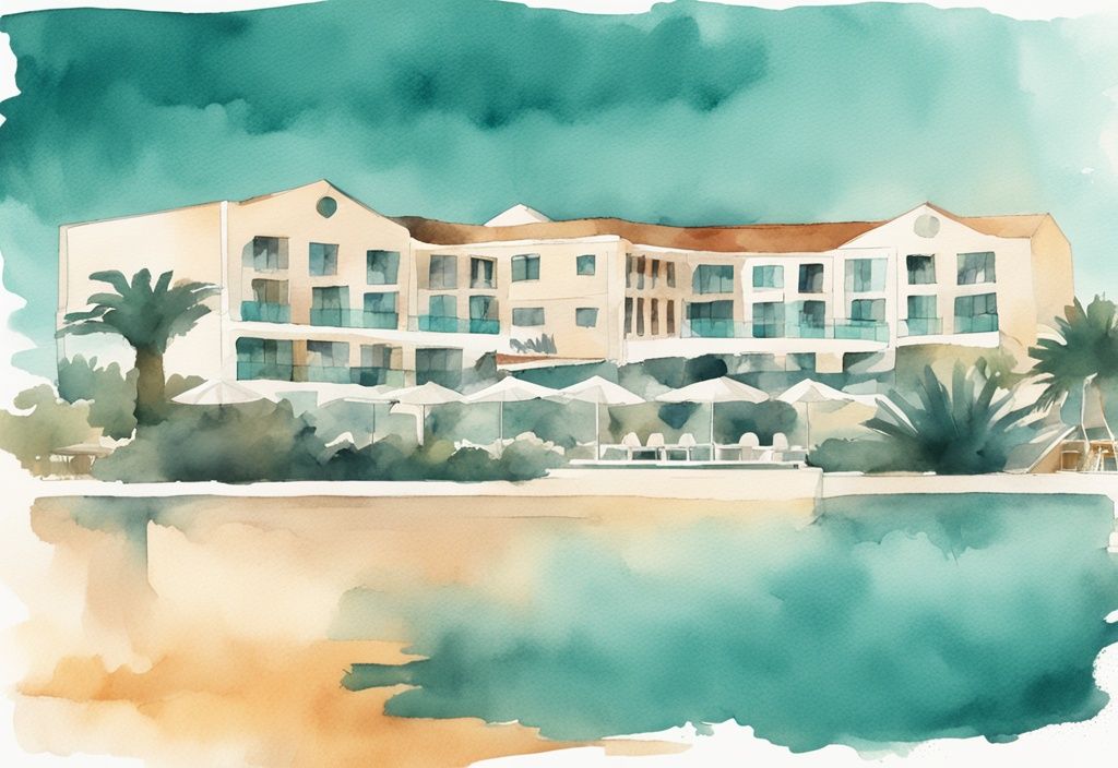 Minimalistisk akvarellillustration av Napa Plaza Hotel Ayia Napa i solnedgångens gyllene ljus, med vacker arkitektur och omgivande landskap i teal färgtema.