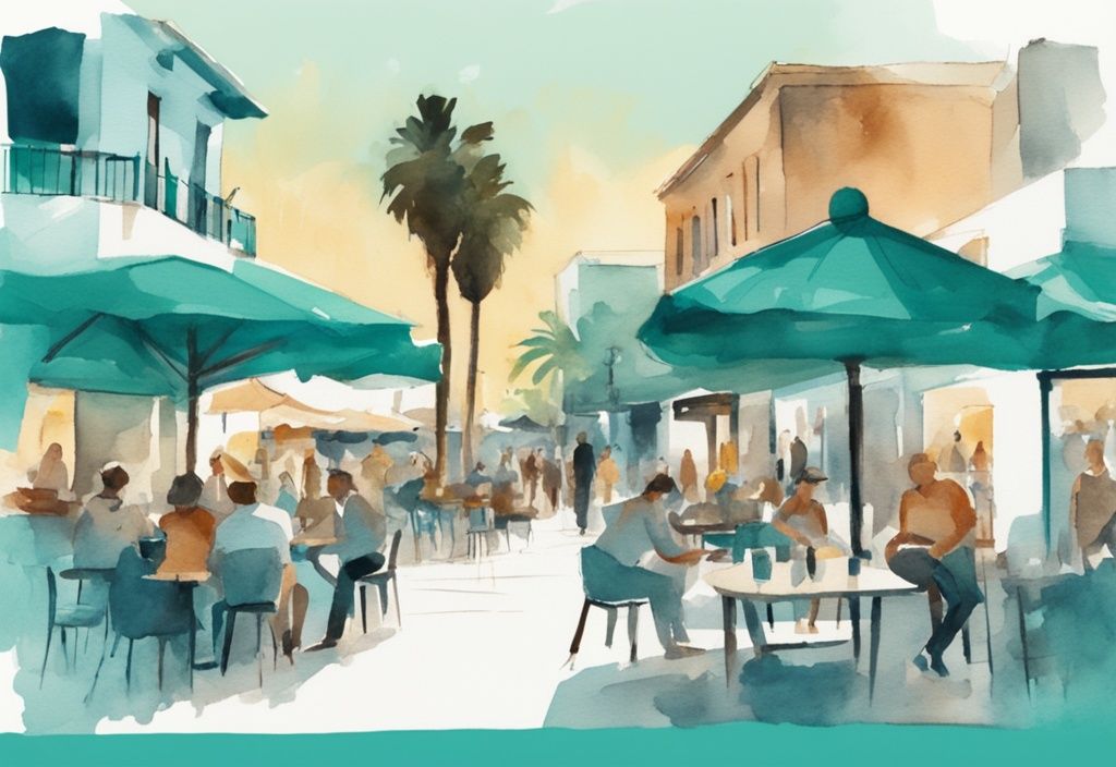 Minimalistisk akvarellillustration av ett livligt kvällsscenario på Ayia Napa Square med människor på utomhuscaféer, upplysta butiker och en historisk fontän i centrum, med teal som huvudfärg.