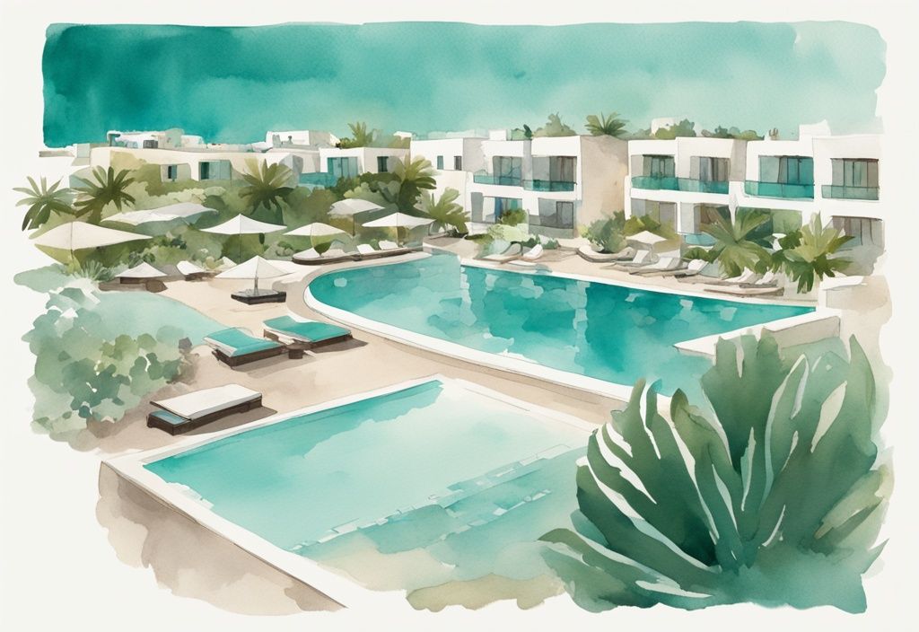 Minimalistisk akvarellillustration av Eligonia Ayia Napas pittoreska resort med solbelysta pooler, frodiga gröna trädgårdar och lugnande Medelhavet i bakgrunden.