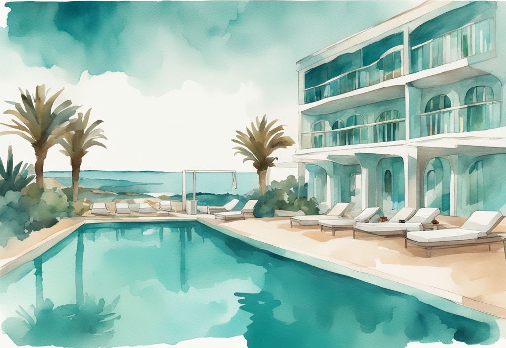 Minimalistisk akvarellillustration av Christabelle Hotel Ayia Napa med frodiga omgivningar och glittrande pool i förgrunden, i lugnande tealtoner.