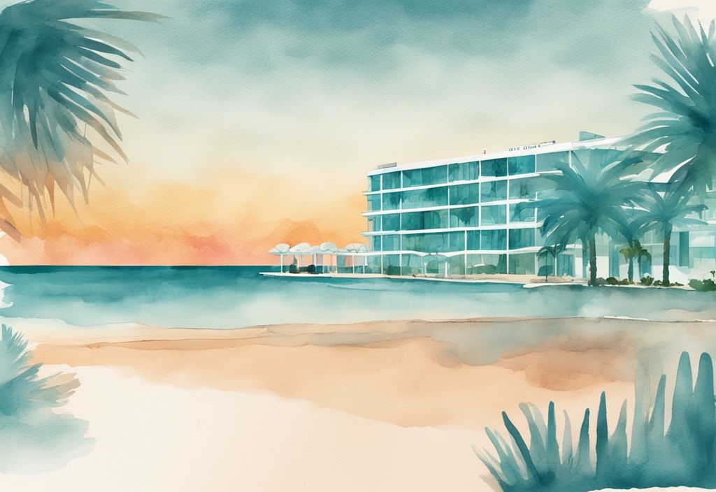 Minimalistisk akvarellillustration av Kai Beach Hotel Ayia Napa vid solnedgången med hotellets storslagna struktur, tropiska palmer och lugn strand i förgrunden.