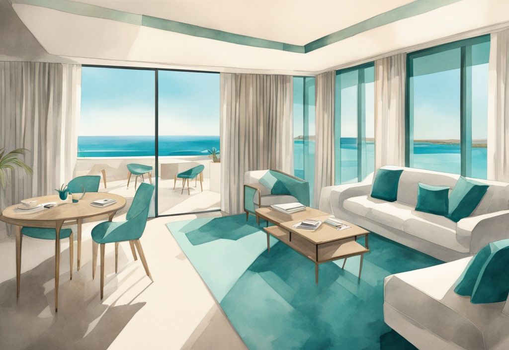 Minimalistisk akvarellillustration av en elegant svit i Sunprime Ayia Napa med havsutsiktsterrass, modernistiska möbler och naturligt solljus genom rumsstora fönster, i teal färgtema.