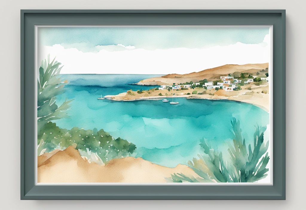 Minimalistisk akvarellillustration av Konnos Bay Ayia Napa med turkost hav, gyllene sandstrand och grönskande kullar i bakgrunden.