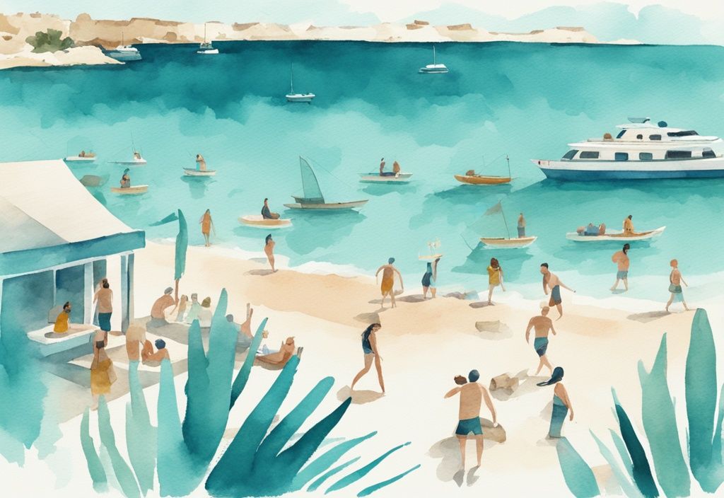 Minimalistisk akvarellillustration av glada turister i Ayia Napa som njuter av aktiviteter som att slappna av på en Blå Flagg-strand, kryssa på kristallklart vatten, utforska livliga nattlivsplatser och historiska landmärken, med teal som huvudfärg.