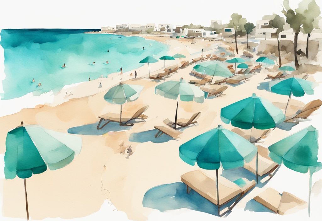 Minimalistisk akvarellillustration av Ayia Napa strand i juni med soligt väder, kristallklart vatten, solstolar och färgglada strandparasoller i teal färgtema.