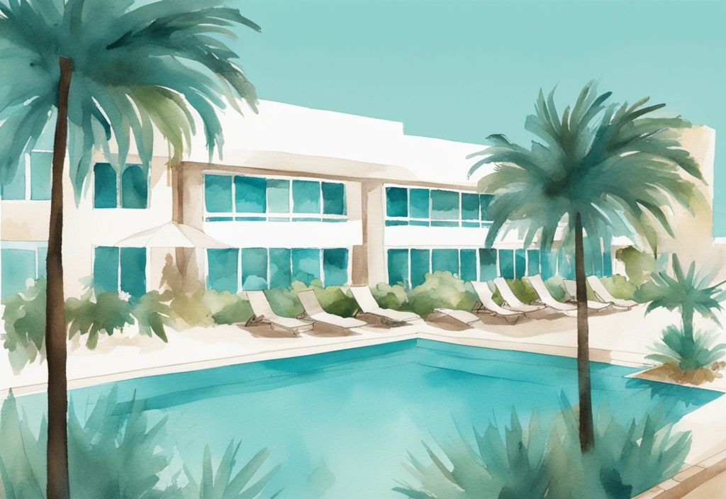 Minimalistisk akvarellillustration av Anthea Hotel Ayia Napa med glittrande pool, omgiven av gröna palmer under azurblå himmel