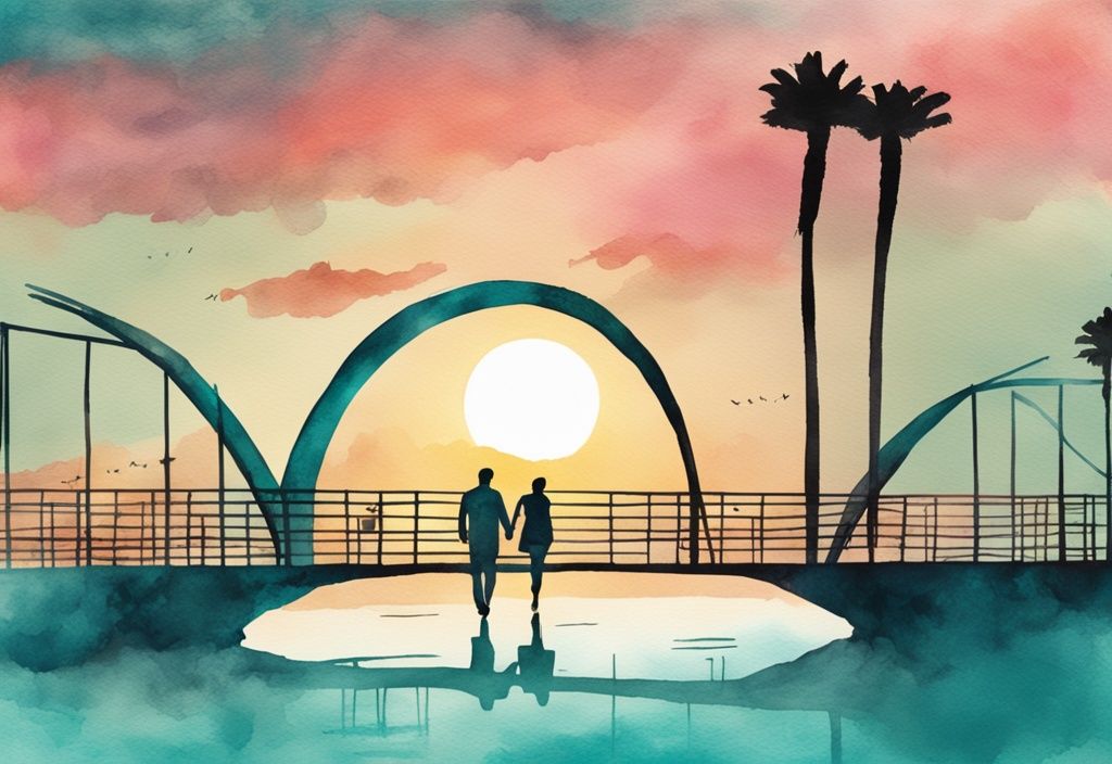 Minimalistisk akvarellillustration av Love Bridge Ayia Napa vid solnedgång, med par som promenerar och poserar för foton.