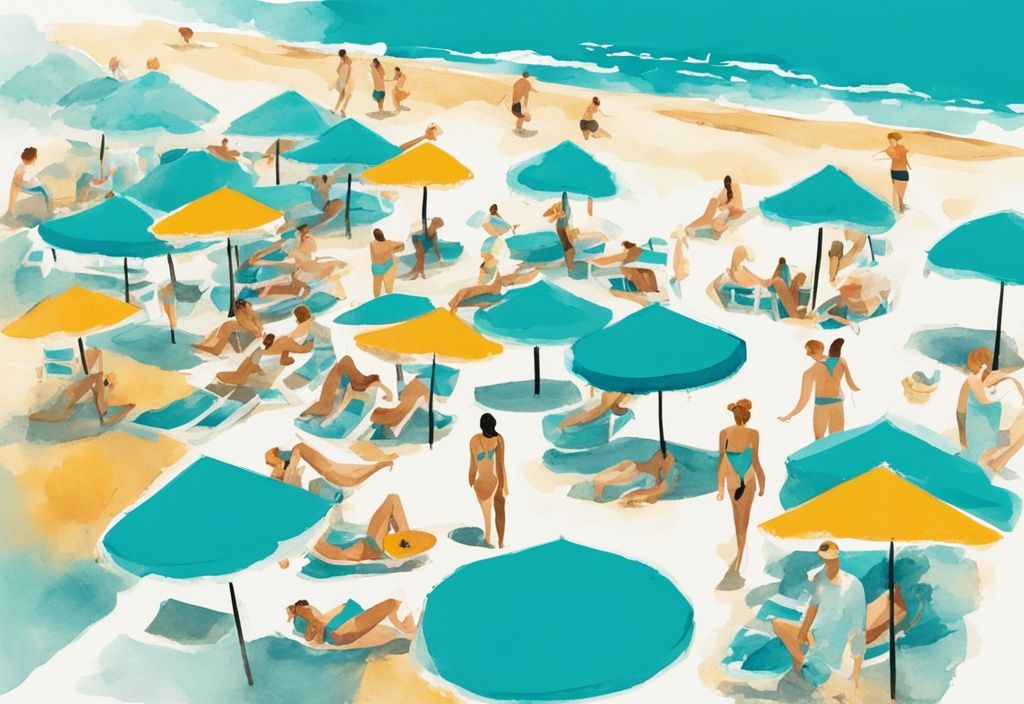 Minimalistisk akvarellillustration av Ocean Beach Club Ayia Napa med semesterfirare under färgglada parasoller, simmande i det blå havet och njutande av livliga strandaktiviteter.