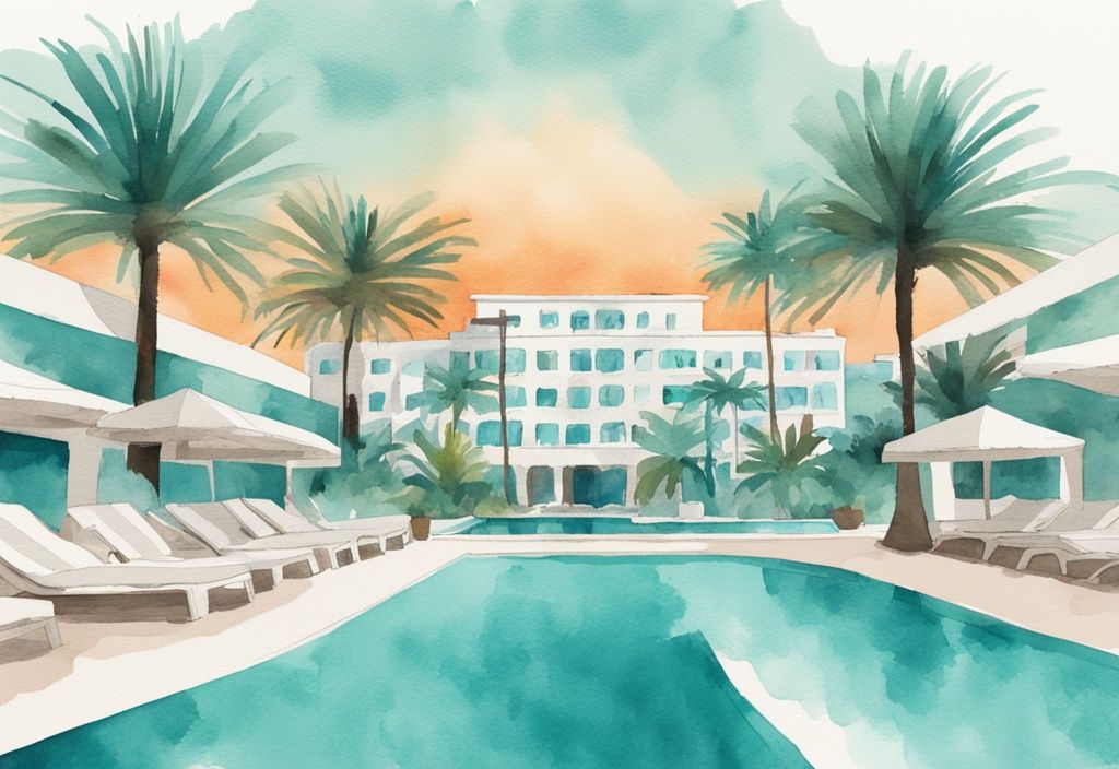 Minimalistisk akvarellillustration av Petrosana Hotel i Ayia Napa med solbelysta palmer och inbjudande pool i teal färgtema.