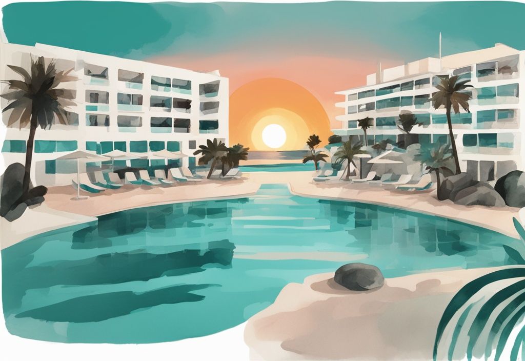 Minimalistisk akvarellillustration av River Rock Hotel Ayia Napa, omgiven av tropiska palmer och en vacker solnedgång.