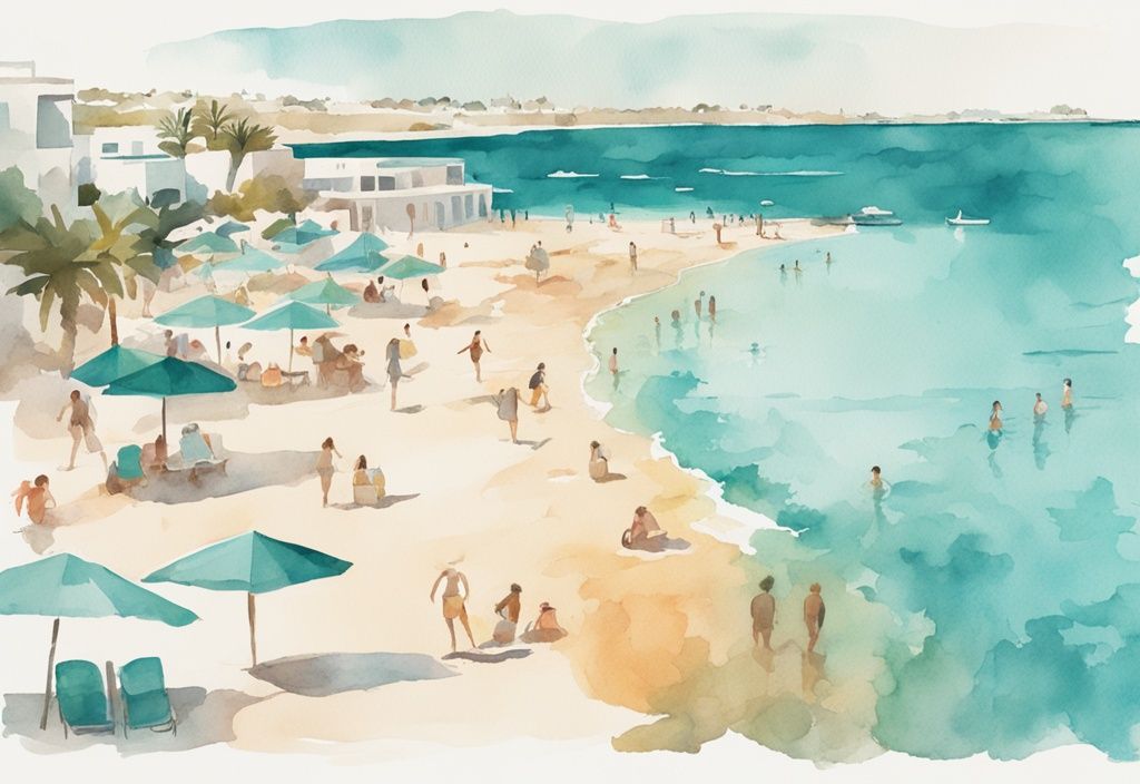 Minimalistisk akvarellillustration av en idyllisk strand i Ayia Napa med turkos färgtema, sol, klar himmel och turister som njuter av det varma septembervädret.