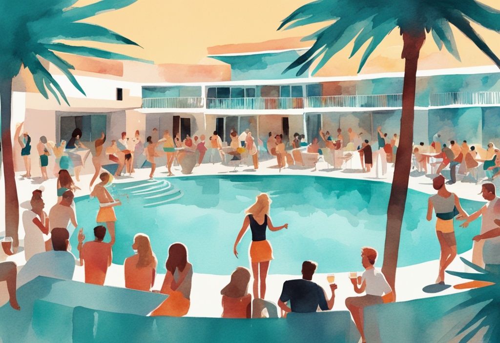 Minimalistisk akvarellillustration av en livlig Pambos poolparty i Ayia Napa med unga människor som dansar, socialiserar och njuter av cocktails under den strålande solen.