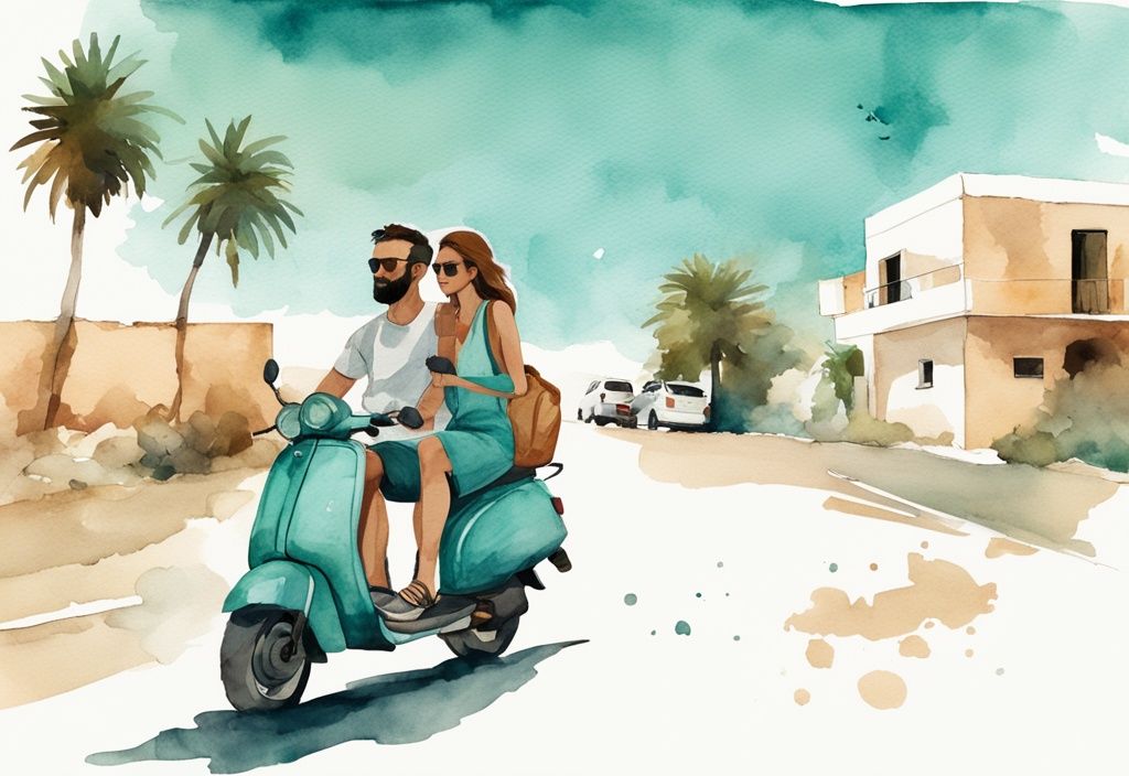 Minimalistisk akvarellillustration av ett ungt par som äventyrar i Ayia Napa på en hyrd moped, hyra moped ayia napa.