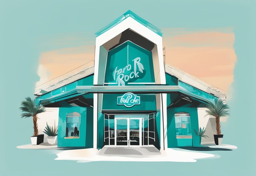 Minimalistisk akvarellillustration av Hard Rock Cafe Ayia Napa med ikonisk logotyp och livligt nattliv i teal färgtema.