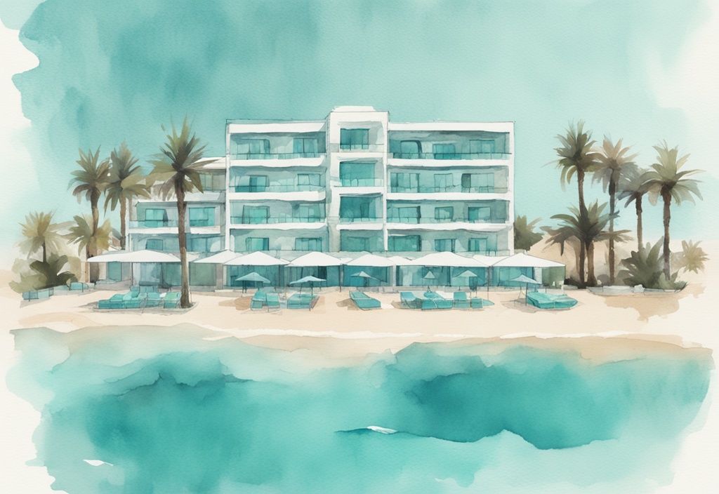 Minimalistisk akvarellillustration av ett lyxigt hotell i Ayia Napa med panoramautsikt över det turkosa havet och palmer.