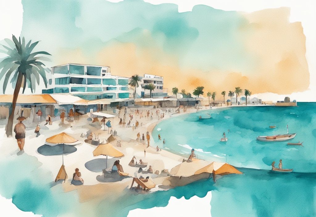 Minimalistisk akvarellillustration av Ayia Napa med Thalassa Museum, Nissi Beach, gatumatstånd, budgetboenden och billiga vattensporter - ayia napa billiga resor.