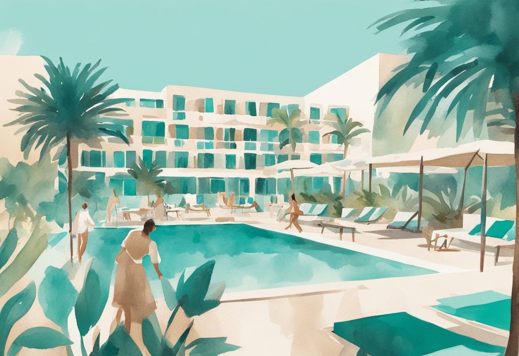 Minimalistisk akvarellillustration av Melpo Antia Ayia Napa med lyxig resortkänsla, grönska, poolområden och gäster som njuter av Medelhavssolen.