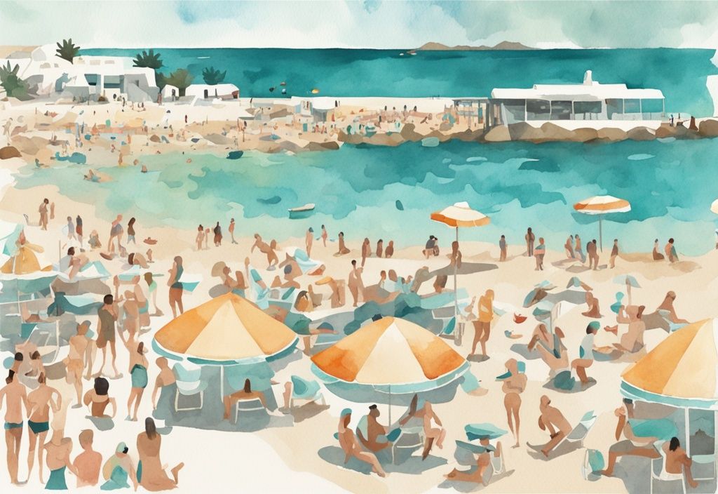 Minimalistisk akvarellillustration av solig och livlig strand i Ayia Napa, fylld med turister som njuter av varmt augustiväder, huvudsaklig färgtema i teal.