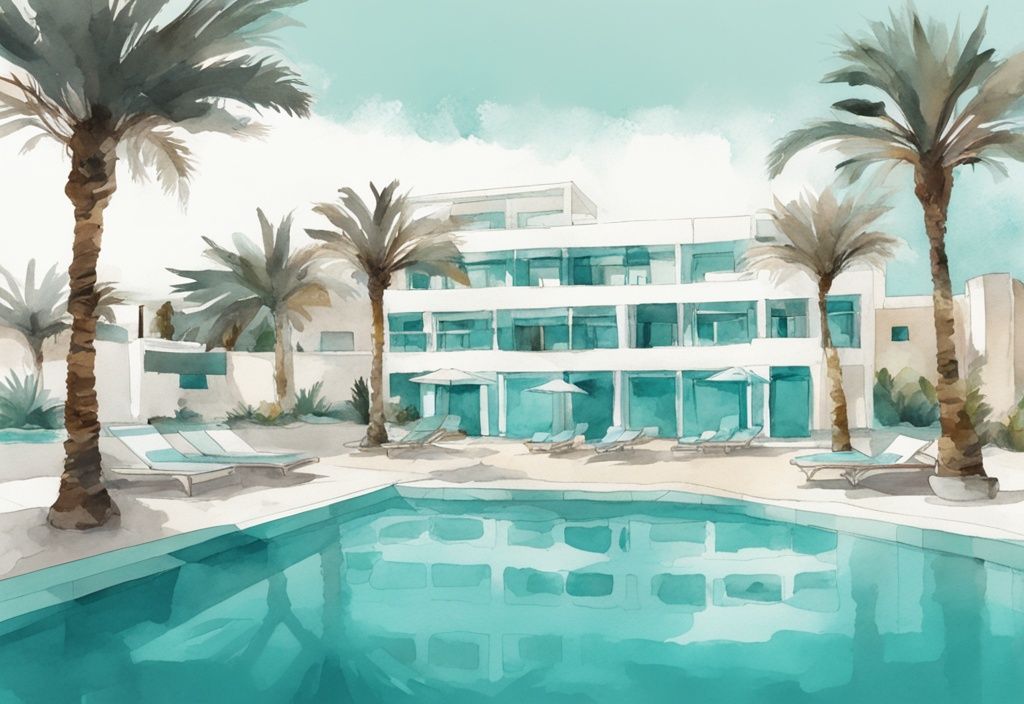 Minimalistisk akvarellillustration av lyxresort i Ayia Napa med turkosa Medelhavet och palmer runt poolområdet.