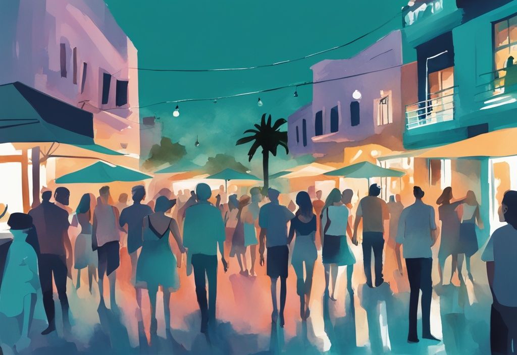 Minimalistisk akvarellillustration av Ayia Napa Square på natten, med livliga folkmassor, upplysta restauranger och barer, och livlig musik i bakgrunden, huvudsakligen i teal färgtema.