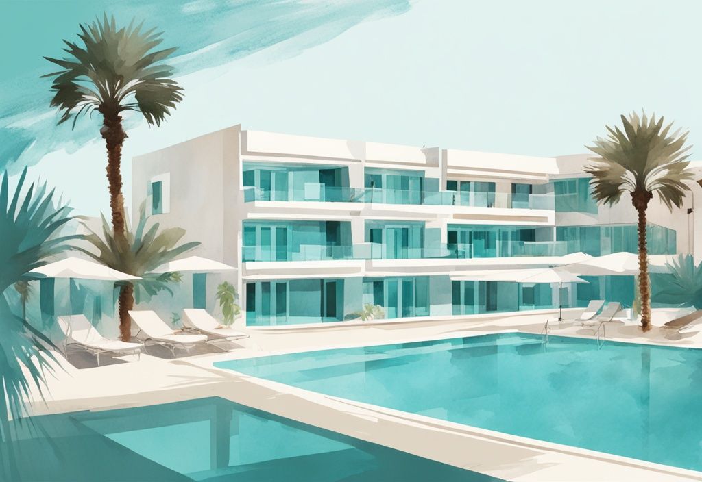 Minimalistisk akvarellillustration av Liquid Hotel Apartments Ayia Napa med lyxig exteriör, palmer och lugn pool.