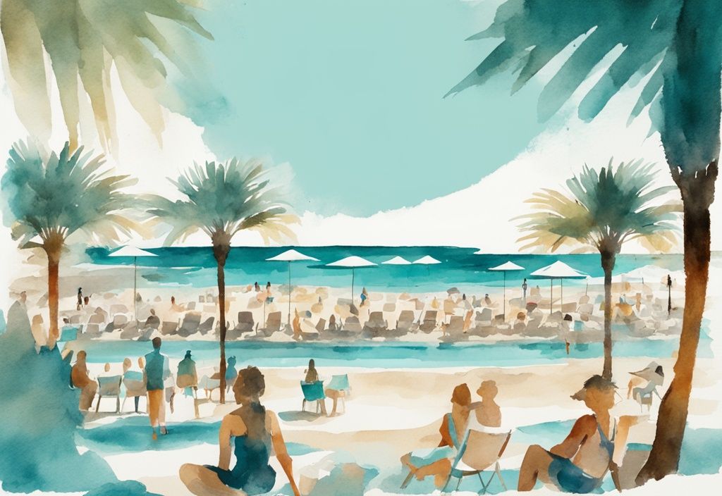 Minimalistisk akvarellillustration av solbelysta Aktea Ayia Napa strandresort med turkosblått vatten och livliga turister som njuter av sommaren.