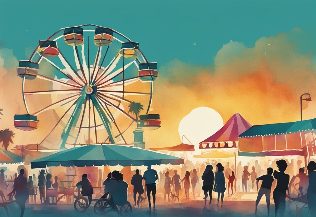 Minimalistisk akvarellillustration i teal som visar den livliga energin på Luna Park Ayia Napa med skrattande barn på karuseller, ett dramatiskt pariserhjul mot en solnedgång och människor vid färgglada spelstånd.