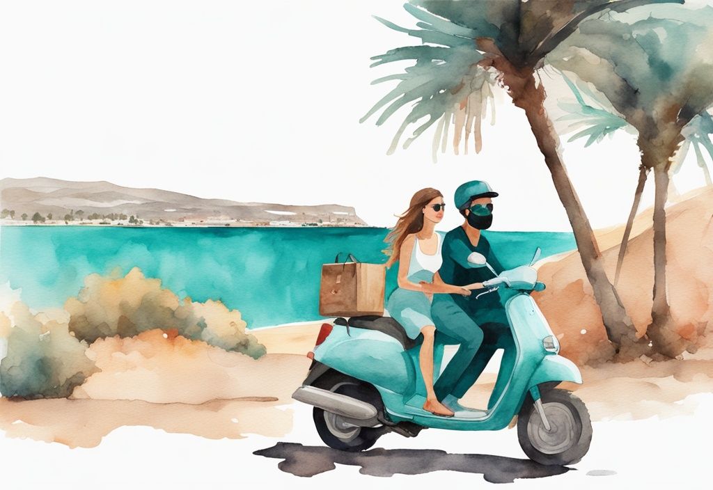 Minimalistisk akvarellillustration av ett ungt par som äventyrar i Ayia Napa på en hyrd moped, med huvudfärgen teal, hyra moped Ayia Napa.