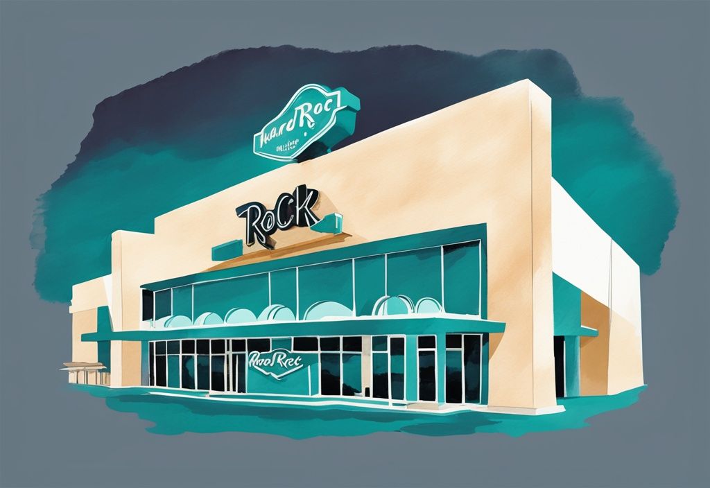 Minimalistisk akvarellillustration som visar Hard Rock Cafe Ayia Napa exteriör med ikonisk logotyp och livligt nattliv i teal färgtema.