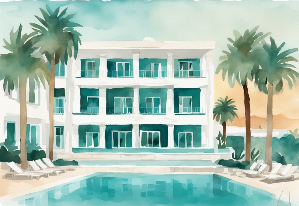 Minimalistisk akvarellillustration av Petrosana Hotel i Ayia Napa med solbelysta palmer och inbjudande pool, huvudfärg tema i teal.