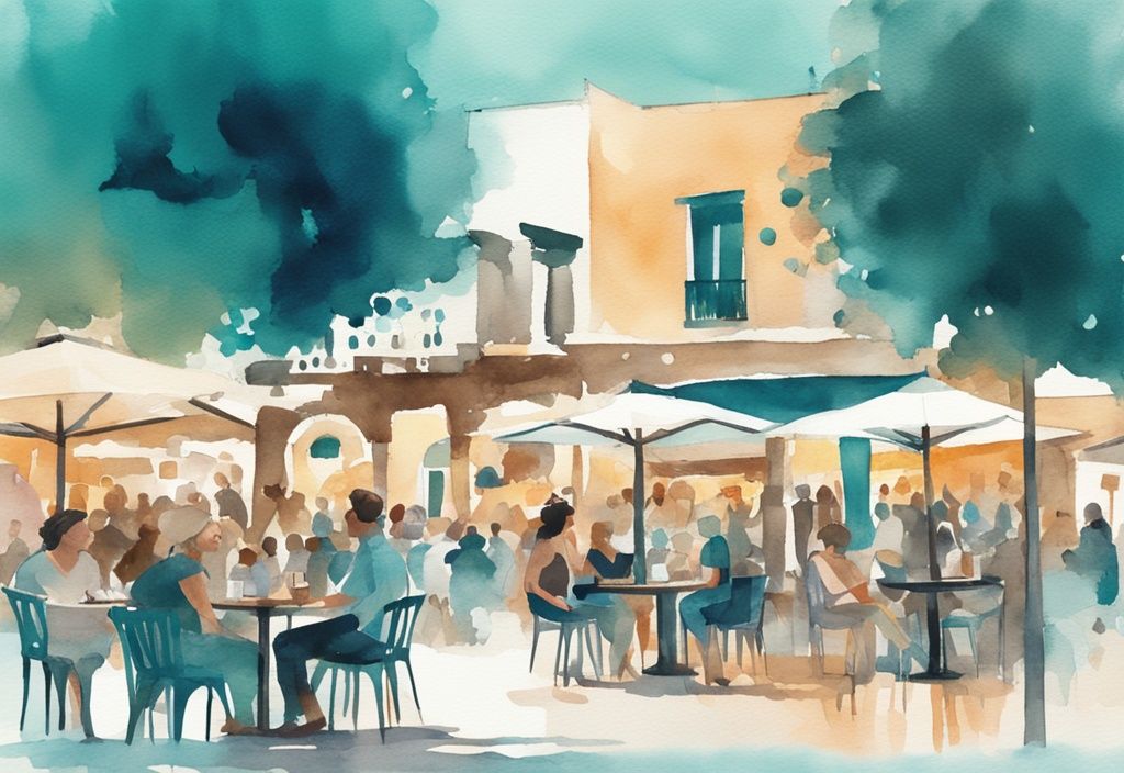 Minimalistisk akvarellillustration av en livlig kvällsscen vid Ayia Napa Square med människor som njuter vid utomhuscaféer, upplysta butiker runtom och den historiska fontänen som central attraktion.