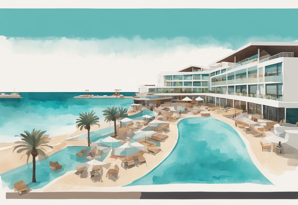 Minimalistisk akvarellillustration av lyxresort i Ayia Napa med gäster som njuter av pool, strand och buffé, ayia napa all inclusive.