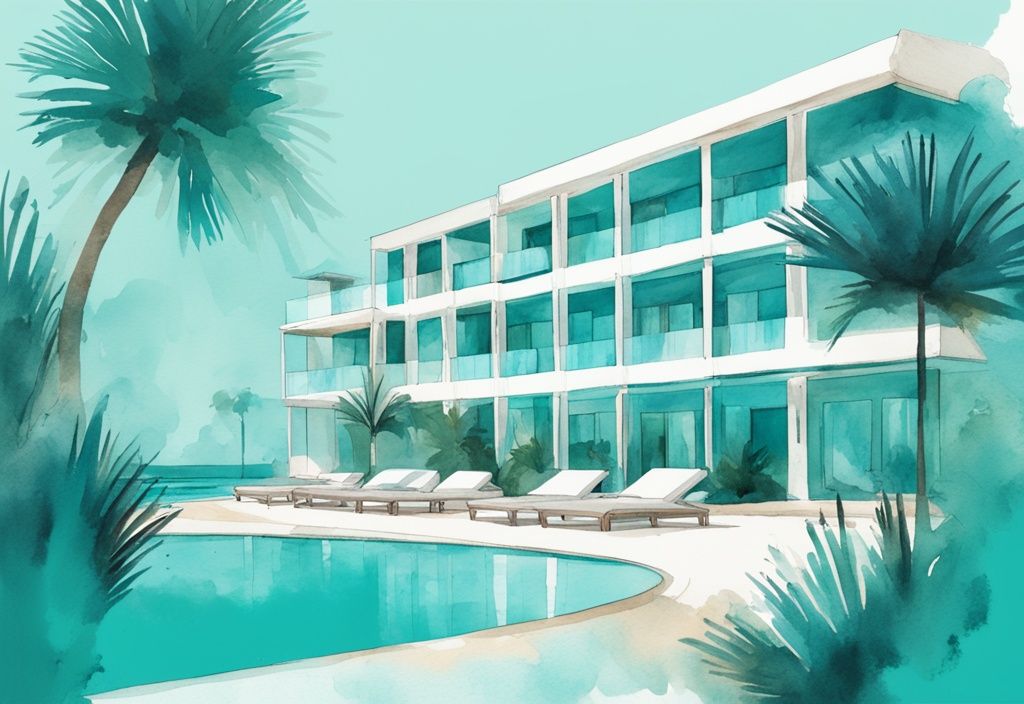 Minimalistisk akvarellillustration av Eleana Hotel i Ayia Napa med lyxig arkitektur, frodig palmprydd landskap och kristallklart turkost vatten.