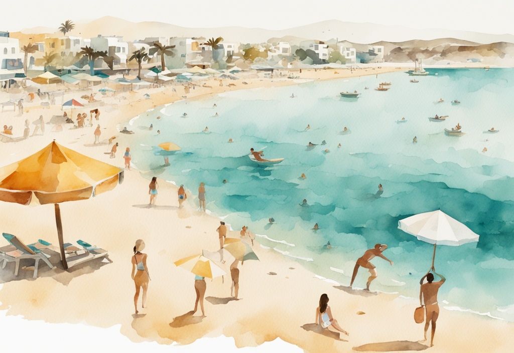 Minimalistisk akvarellillustration av solig strand i Ayia Napa med kristallklart turkost vatten, gyllene sand, parasoller och människor som njuter av olika vattenaktiviteter.