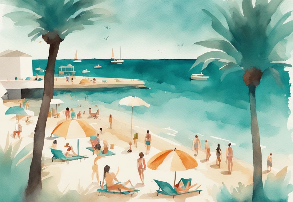 Minimalistisk akvarellillustration av Ayia Napa strand i Cypern med människor som njuter av olika strandaktiviteter i det soliga och varma vädret. väder cypern ayia napa