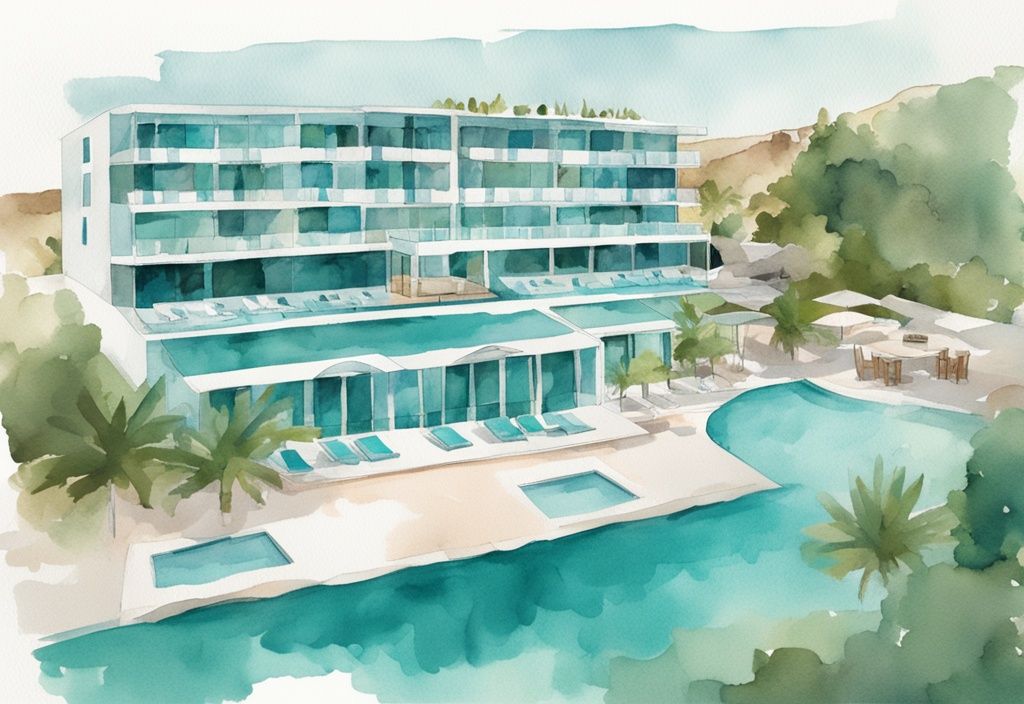 Minimalistisk akvarellillustration av River Rock Hotel i Ayia Napa med modern arkitektur, grönskande omgivningar och en glittrande blå pool i förgrunden.