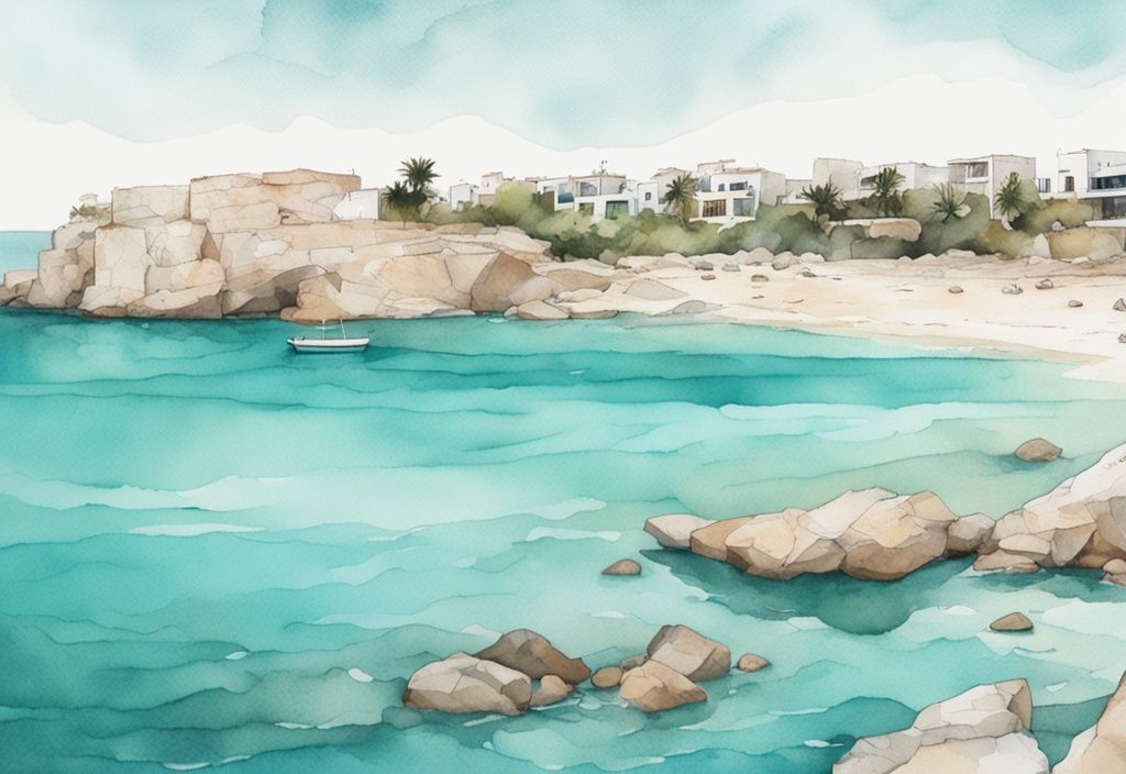 Minimalistisk akvarellillustration av Grecian Beach Ayia Napa med kristallklart turkost vatten, glittrande sand och vittrade klippor.