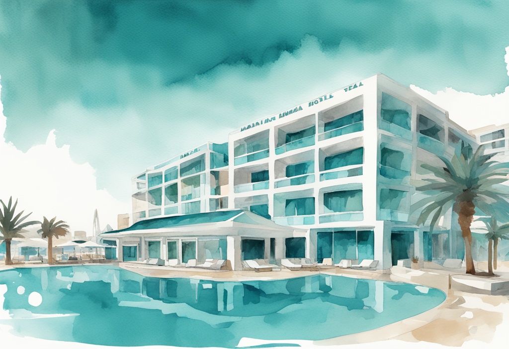 Minimalistisk akvarellillustration av Marina Hotel i Ayia Napa med moderna arkitekturen, glittrande pooler och azurblå havet i bakgrunden, i en färgpalett av teal.