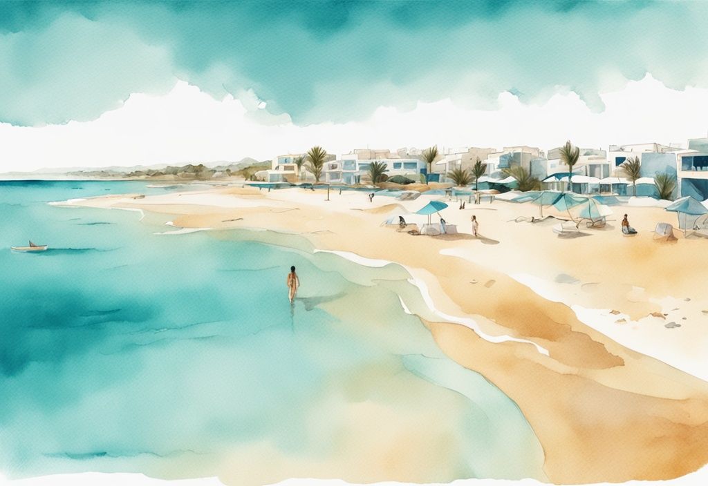 Minimalistisk akvarellillustration av Ayia Napa Beach med turkost vatten och gyllene sand under en klarblå himmel.