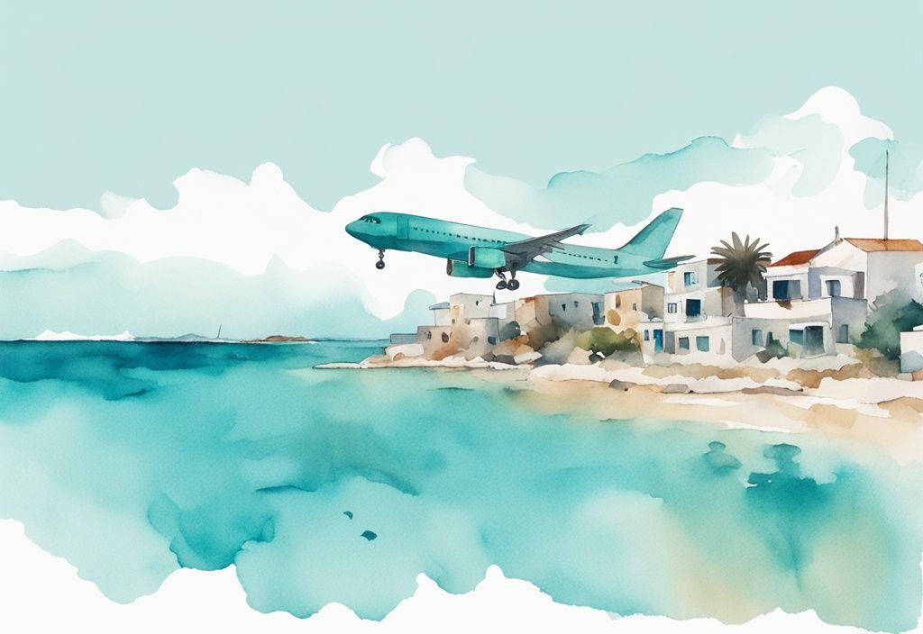 Minimalistisk akvarellillustration med ett flygplan över Ayia Napa, Cypern och dess klara blå vatten, flyg till ayia napa.